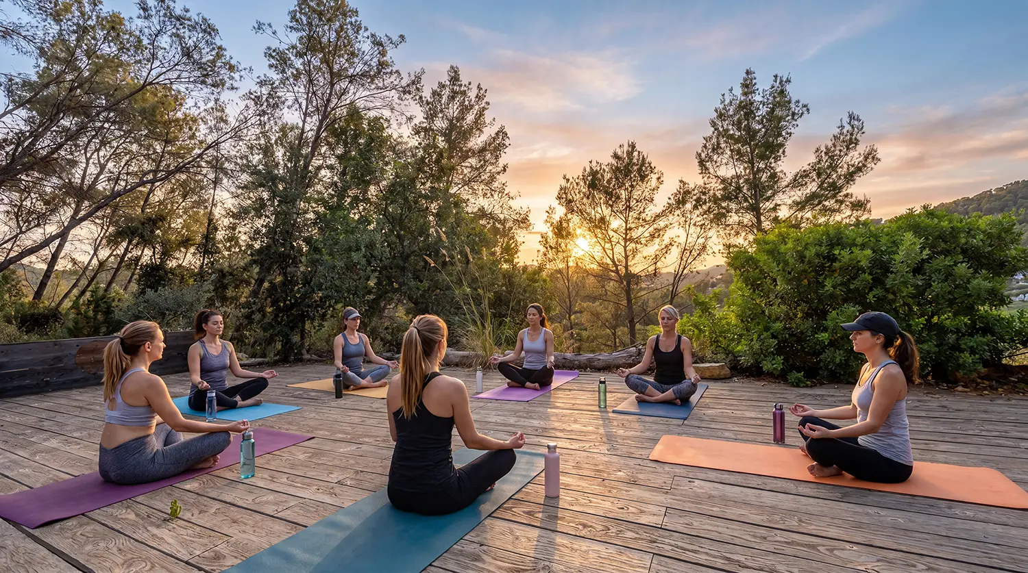 Sesión de yoga al atardecer sobre el valle